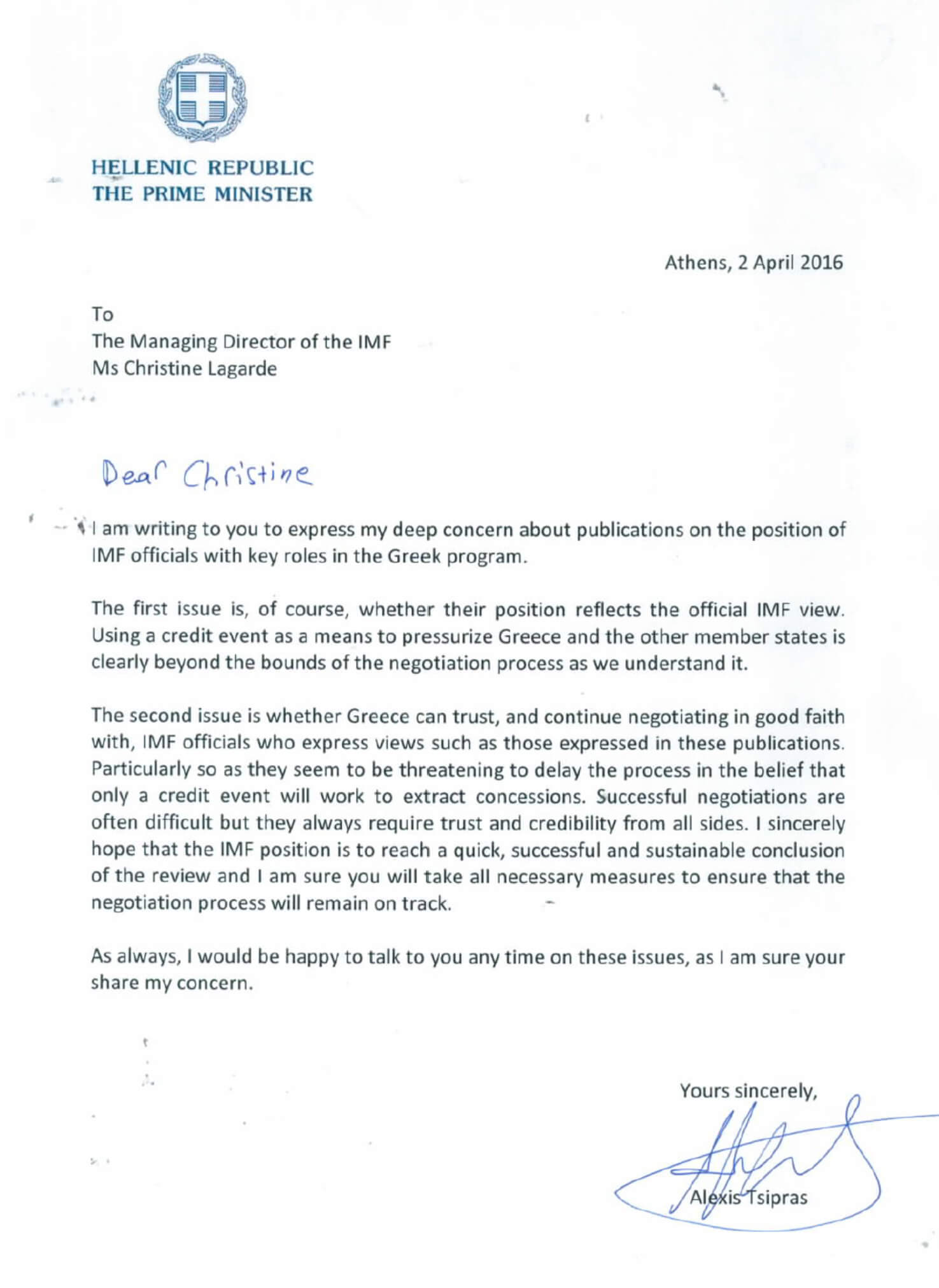 Lagarde letter tsipras